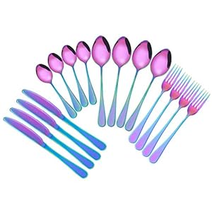OBR KING cubiertos acero inoxidable cubertería 16 piezas, set cuberterias con cuchillo, tenedores, cuchara y cucharilla, Multicolor
