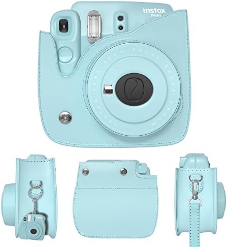 Fujifilm Instax Mini 9 Case - Ice Blue Soft PU leather Protective Case with Shoulder Strap &amp; Pocket For Fujifilm Instax Mini 8 &amp; mini 9 instant Camera + Mini 9 Keychain