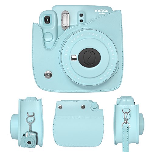 Fujifilm Instax Mini 9 Case - Ice Blue Soft PU leather Protective Case with Shoulder Strap &amp; Pocket For Fujifilm Instax Mini 8 &amp; mini 9 instant Camera + Mini 9 Keychain