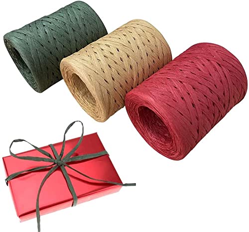 XND 3 Rolls Raffia Ribbons Red Green Natural 1080 Feet, Christmas Paper Twine Wrapping Ribbon for Gift Wrapping, DIY Craft, Holiday Decoration