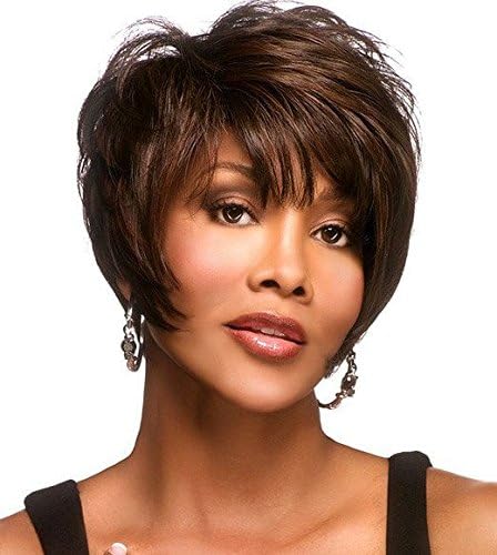 Women Fashionable Short Straight with Long Oblique Bangs Wigs for Cosplay Party Daily Use (Brown)