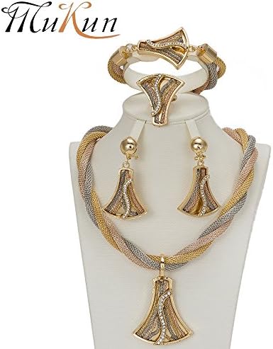 MUKUN Gold Plated Three Tones Chain fan-shaped Pendant,Dubai Crystal Embedded Gold Jewelry 5 Piece