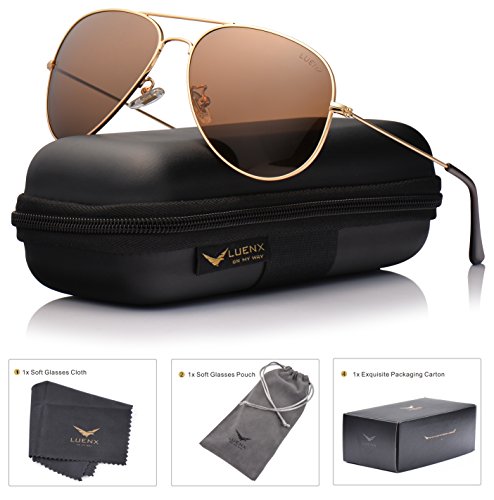 LUENX Womens Mens Aviator Sunglasses Polarized Brown Amber Lenses Gold Metal Frame UV400 Protection Classic Style