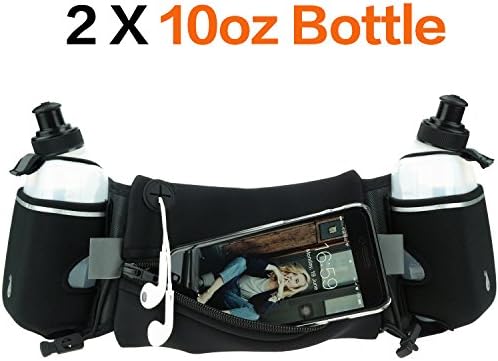 Running Hydration Belt with Water Bottles (2X BPA Free 10oz), Fuel Belt Fits iPhone 6s Plus for Running, Race, Marathon, Hiking, Adjustable Running Waist Packs, Men &amp; Women Runners Belt (black)