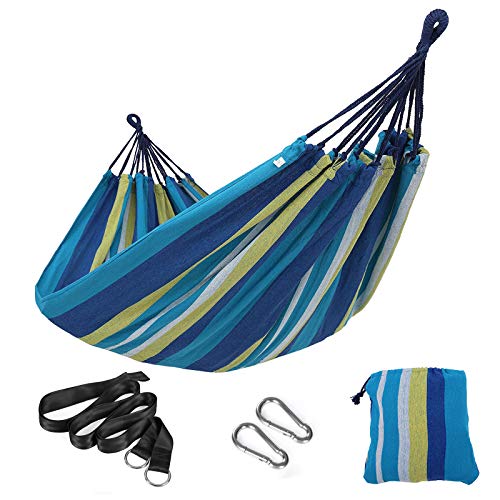 SONGMICS Double Hammock, 98.4 x 59.1 Inches, 660 lb Load Capacity, with Hanging Straps, Carabiners, Carry Bag, for Garden, Outdoor, Camping, Blue and Yellow Stripes UGDC15YU