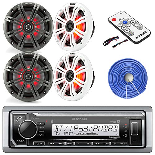 Kenwood Marine Boat Audio Bluetooth USB Receiver Bundle Combo With 4x Kicker KM654 6.5