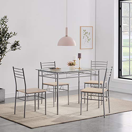 VECELO Dining Table Set with 4 Chairs [4 Placemats Included], Rectangle, Silver Pricepulse