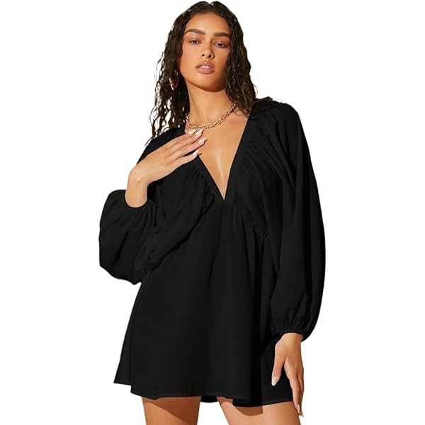 WDIRARA Women's Deep V Neck Puff Sleeve High Rise Flare