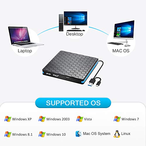 Wsky External CD DVD Drive, USB 3.0 Portable CD DVD Optical Drive, USB C High Speed Writer Burner Drive, Compatible with Laptop Desktop PC Windows XP/2003/Vista/7/8.1/10, Mac OS System, Linux