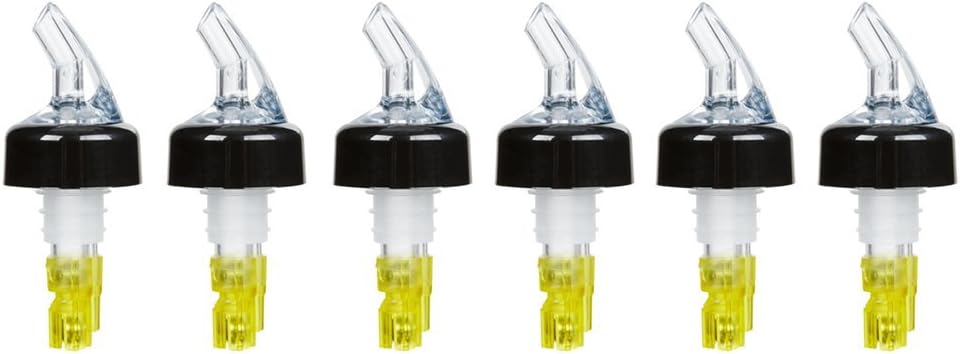 Tezzorio (Pack of 6) Measured Liquor Bottle Pourers, 1.5 oz, Clear Spout Bottle Pourer with Yellow Tail and Black Collar, Measured Pour Spouts