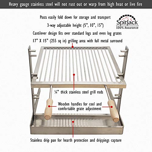 SPITJACK Portable Camping Grill. Cook Over a Fireplace or Campfire with an All Stainless Steel Cooking Grate and Drip Pan