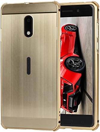 Meimei1986 2 in 1 Luxury Metal Aluminum Bumper + Brushed Reflective Effect Hard Back Frame Cover Case for Nokia 6 - Gold