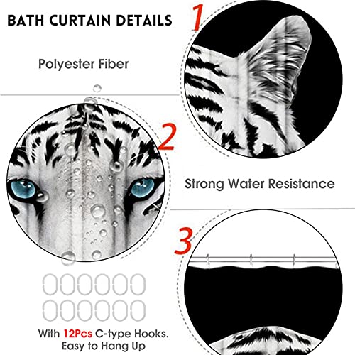 4 Pcs White Tiger Shower Curtain Sets with Non-Slip Rug, Bathroom Decor Sets Shower Curtain Toilet Mat Lid with 12 Hooks,Bathroom Sets with Shower Curtain and Rugs and Accessories,71\
