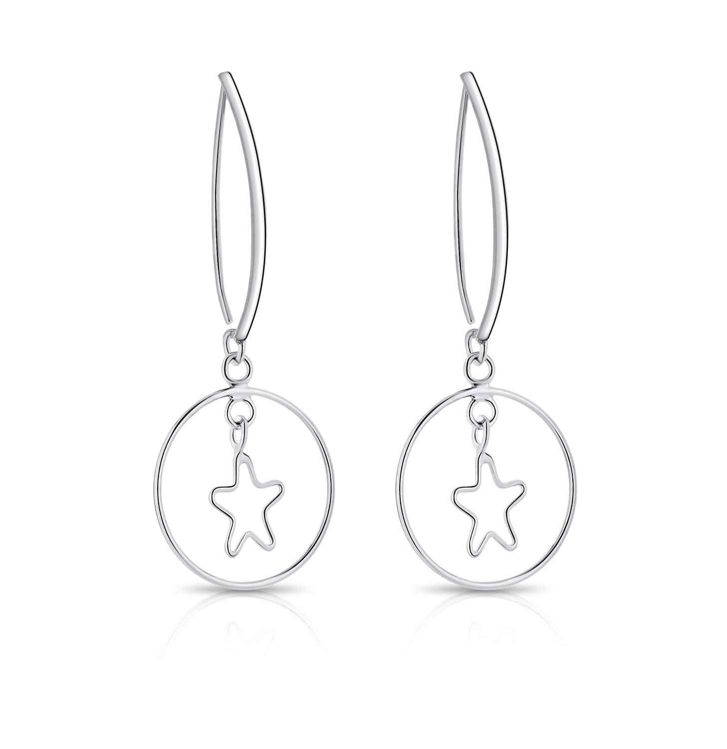 DTPSilver - 925 Sterling Silver Rodium Plated Dangling Earrings with Hoop and Star