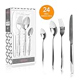 SUNPOLLO 24 Pieces Flatware Set Silverware Set, Stainless Steel Silver Cutlery Set Mirror Polished Tableware Set Utensil Set Include Knives, Forks, Spoons for Kitchen,Dishwasher Safe, Service for 6