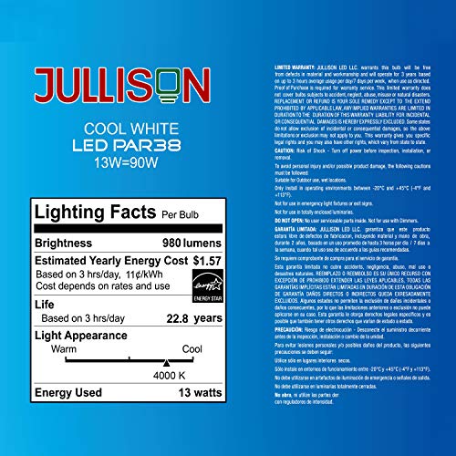 JULLISON 4 Packs PAR38 LED Bulb, 120V/13W/980Lumens/40 Degrees Beam, 90W Equivalent, 4000K Cool White, CRI80, Dimmable, Glass Lens, Outdoor Flood, E26 Base, UL - Thumbnail 5