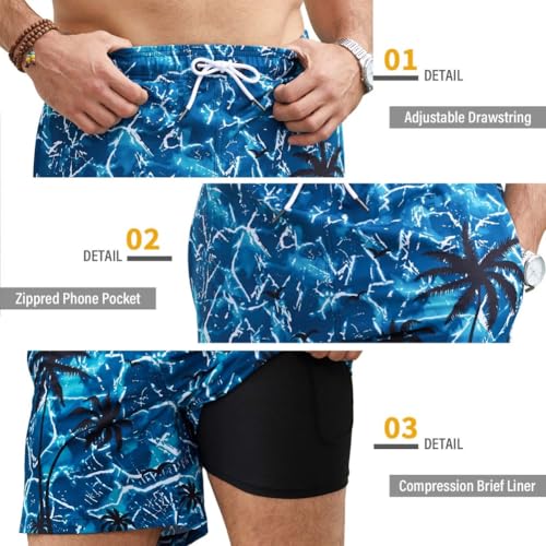 Kfnire Men's Swim Shorts with Compression Lining and Pockets, Swim Shorts Quick Dry Water Repellent Swim Trunks for Men