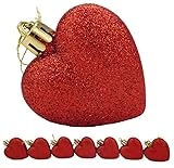 8 x 60mm Red Glitter Heart Shaped Christmas Tree Baubles