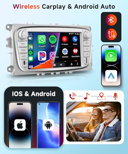 【4+64G】Hodozzy Carplay Autoradio per Ford Focus II Galaxy II Mondeo S-Max C-Max con USB USB-C, 7 Pollici Autoradio Bluetooth con Android Auto/32 EQ/FM/RDS/SWC+Retromarcia Telecamera,Argent