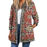 BAVATIMO Women Retro Ethnic Print Cardigan Jacket Long Sleeve Open Front Vintage Boho Floral Oversized Fall Coat with Pockets