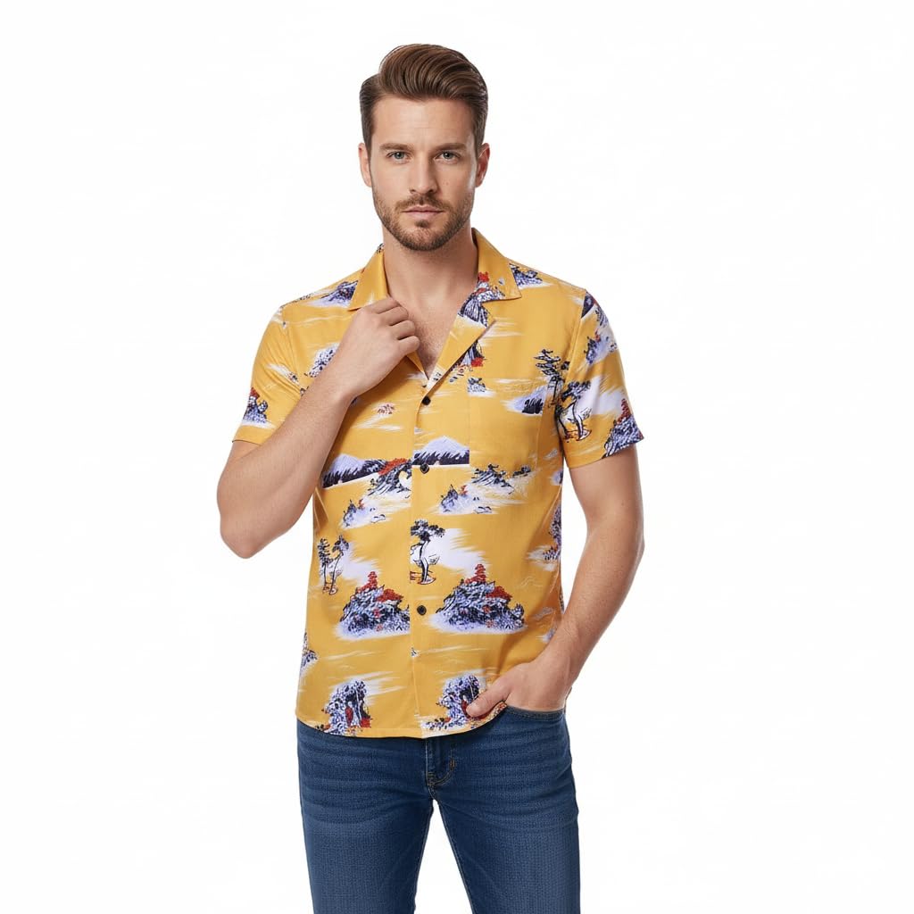 AYYOHON Cliff Booth T Shirt Hawaiian Shirt Casual Short Sleeve Top Tee L Yellow