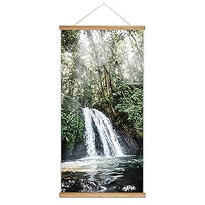 Hanging Poster with Wood Frames - Waterfall in The Rain Forest - Ready to Hang Decorative Wall Art - 18"x36"