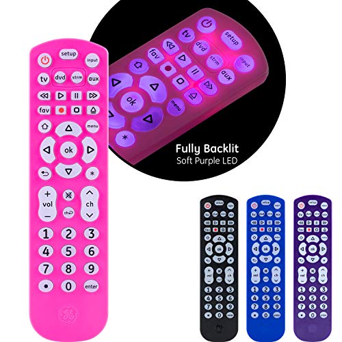GE Backlit Universal Remote Control for Samsung, Vizio, LG, Sony, Sharp, Roku, Apple TV, RCA, Panasonic, Smart TV, Streaming Players, Blu-Ray, DVD, 4-Device, Pink, 44221