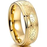 MOWOM Gold Tone 7mm Stainless Steel Ring Band Engraved Florentine Design Size 8