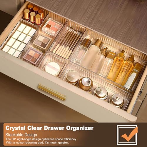 Uniiking® 7 PCS Clear Drawer Organizer Bins, 4-Size Stackable Makeup and Vanity Makeup Organizer Trays, Acrylic Bathroom Drawer Storage Containers for Cosmetic, Office Supply