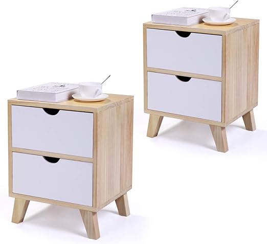Amazon Com Jaxpety Set Of 2 Bedside Table Solid Wood Legs Nightstand With White Storage Drawer Wood Color White Kitchen Dining