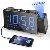 Moskee Projection Alarm Clock Digital Black Dual Alarm Clocks for Bedroom with FM Radio Indoor Thermometer LED Display Classic Style