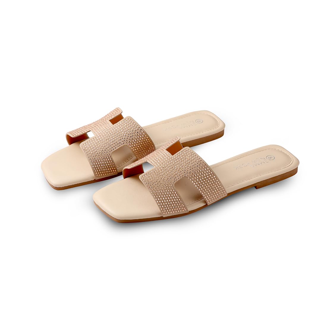 Photo 1 of **SOLES ARE DIRTY** EMMA NEW YORK Women's Sandals Slip On Leather Slide Sandals Summer Sandals For Women 2024 Dressy Flat Sandals Comfortable Sandals For Women, Rhinestone, 9, Women