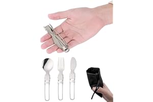Folding Spoon Fork Knife Set - Stainless Steel Spoon Fork Knife & Nylon Storage Bag - Foldable + Locking Handle - Ultralight 