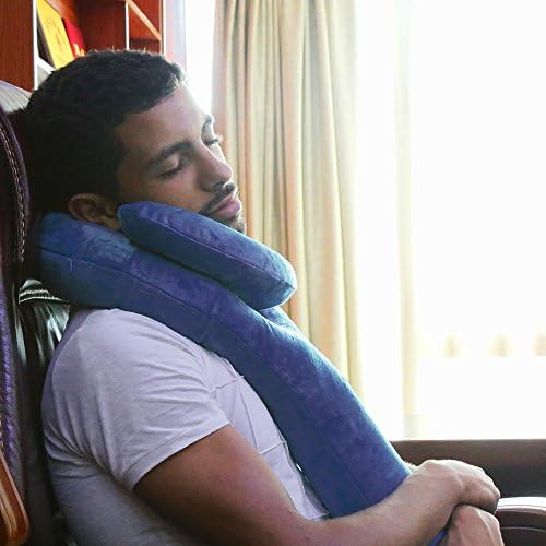 Inflatable Travel Pillow ,Push-Button Neck Pillow - Luxury Velvet Super Comfort and Support for the Head ,Neck and Chin. (Navy)