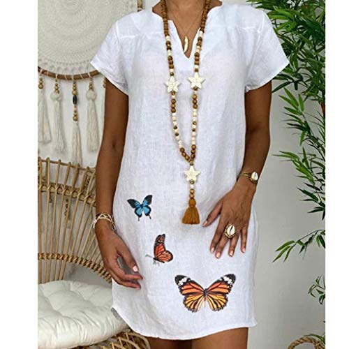 BIBOKAOKE Zomerjurk linnen jurk dames V-hals strandjurk A-lijn jurk boho knielange jurk midi-jurk casual losse tuniek… - Image 3