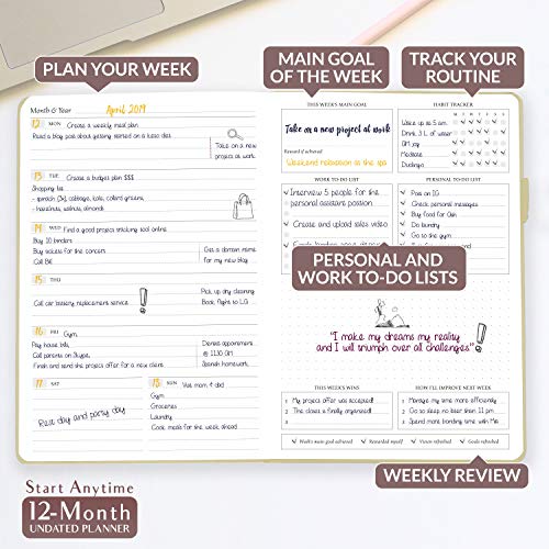 Legend Planner - Deluxe Weekly & Monthly Life Planner to Hit Your Goals & Live Happier. Organizer Notebook & Productivity Journal. A5 Hardcover, Undated - Start Any Time + Stickers - Seashell Gold