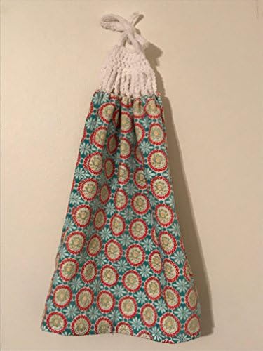 Pioneer Woman Kitchen Towel, Hand-crocheted topper, Teal and Red Kitchen Towel, Kitchen Hand Towel - 240