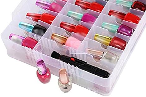 Portable Clear Double Side Nail Polish Organizer Case Holder | Up to 48 Bottles | Adjustable Spaces Divider | Double Side Opening With Snaps | Portable Handle | Deep Pocket.