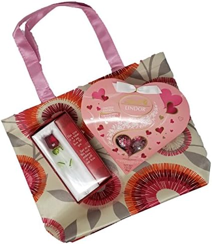 Gift for Her, Assorted Gift Bag includes box of Lindt Lindor Strawberries and Cream, Glass Rose, Pink Floral Canvas Tote, with Tissue Paper Perfect gift for girlfriend, wife, women