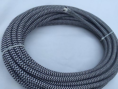 25' B&amp;W Zig Zag Round Cord - Black and White, Cotton Cloth Covered, 18/2 by Industrial RewindTM