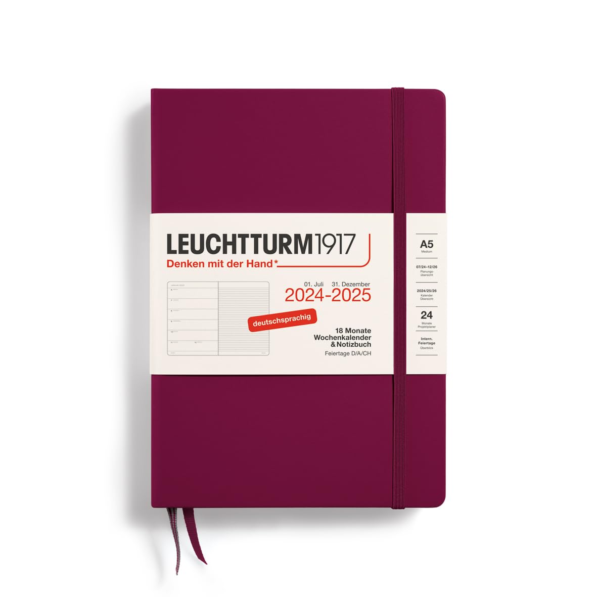 LEUCHTTURM1917 370615 Weekly Calendar & Notebook Medium (A5) 2025, 18 Months, Port Red, German — image 1