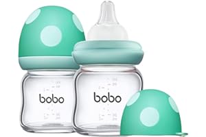 YOHKOH Natural Glass Baby Bottle with Natural Response Nipple, Newborn Anti-Colic Baby Bottles, Wide Neck Mushroom Cap Baby Bottle, Clear (3.4oz (Pack of 2), Blue)