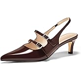Coutgo Womens Slingback Kitten Heels Mary Jane Pumps Closed Pointed Toe Buckle Strap Wedding Dress Shoes