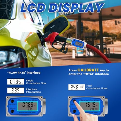 Flow Meter 1 Inches, Turbine Flow Meter & Digital Gas Meter in Industry-Grade, Digital Flow Meter for Waterproof & Aluminum Alloy Engineered, Measuring Accuracy +/-1%, Supports Gallon, QTS, PTS, L