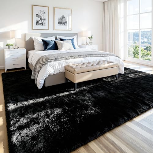 8x10 Area Rug for Living Room, Ultra Soft Fluffy Black Rugs for Bedroom, Non Slip Large Shag Carpet, Fuzzy Plush Nursery Rug, Thick Washable Indoor Floor Carpets for Kids Office Dorm Home Decor