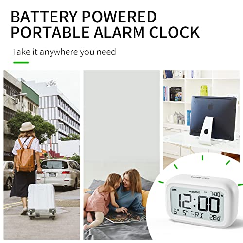 DOOMAY Digital Alarm Clock Bedside - Battery Powered Clock with LCD Display Volume Adjustable Snooze and Weekend Mode for Bedroom Office Desk Travel (White)