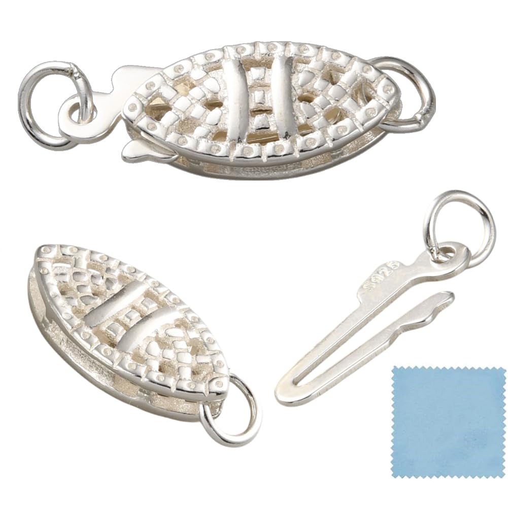 GOMAKERER 925 Sterling Silver Pearl Filigree Necklace Clasp, 13mm Oval Filigree Fish Hook Clasp Horse Eye Jewelry Slide Clasps Bracelet Connectors for Necklace Bracelet Chain Jewelry Making