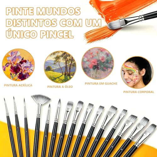Kit Pincel Tinta Acrilica para Pintura em Tela 17 Peças com Estojo Portátil | Kit Pincel Pintura Profissional para Aquarela, Tinta Guache, Oleo e Artesanato, Presente Criativo para Menina e Menino
