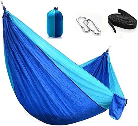 Miustyle Camping Backpacking Double Nylon Hammock With Hanging Straps&amp;Carabiners, Lightweight Portable For Travel, Beach, Patio Courtyard, With Max 500 lbs Breaking Capacity (Blue/Sky Blue)
