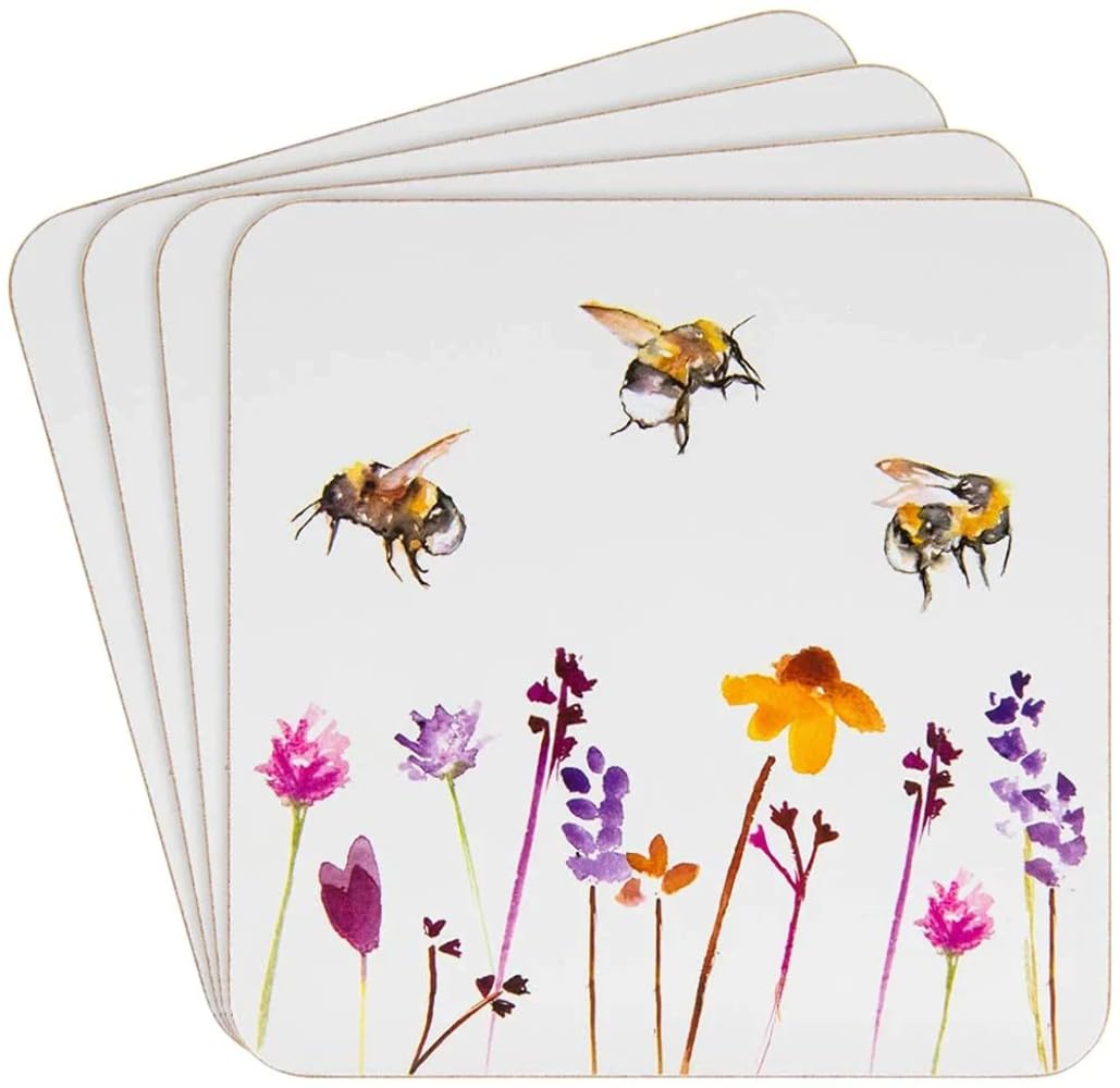 Heat Resistant Cork Back Coasters Pretty Water Colour Busy Bees Design by Jennifer Rose Gallery